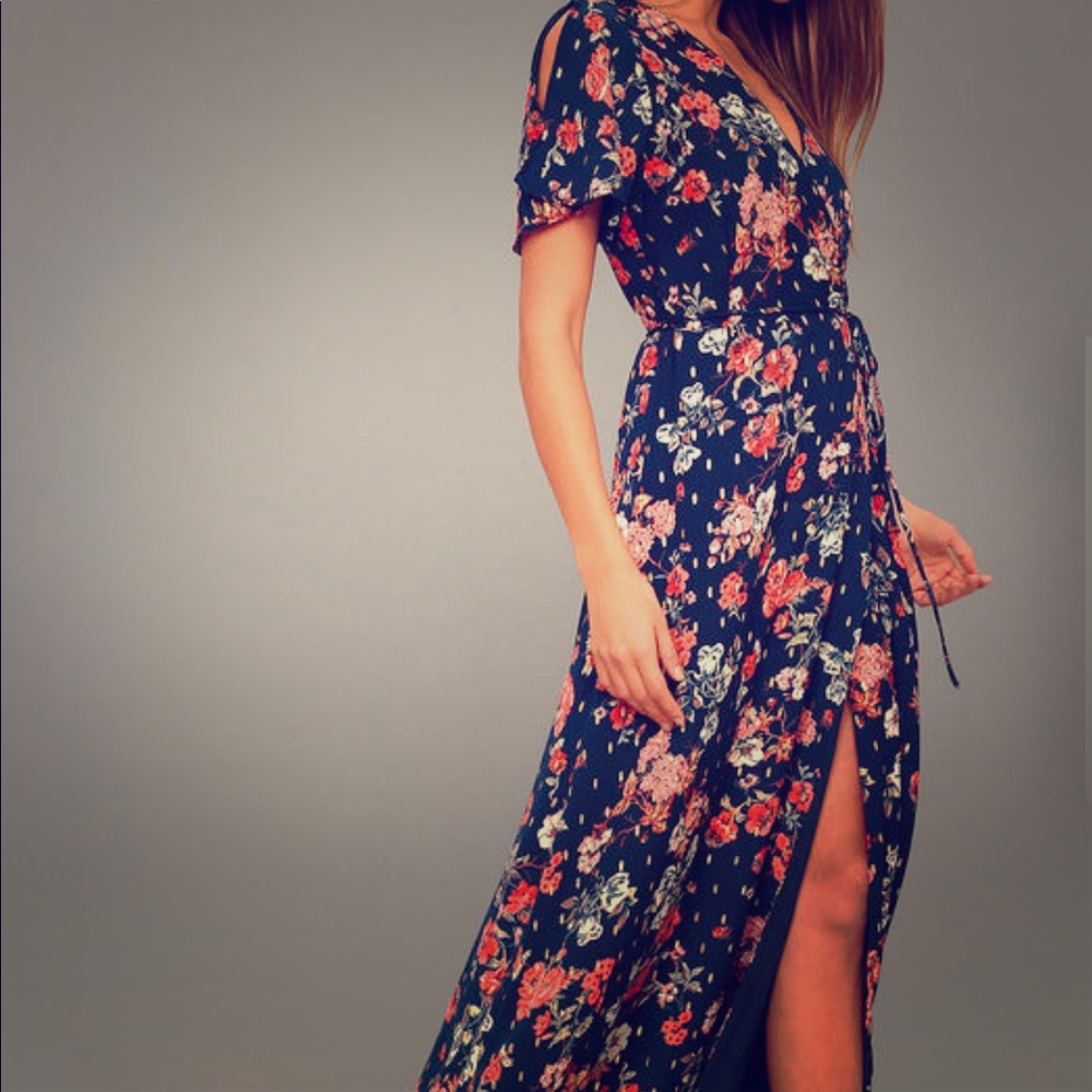 Lulus Days Navy Blue Floral Print Wrap Maxi Dress